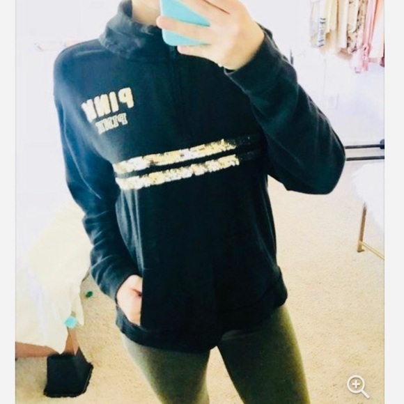 PINK by Victoria’s Secret Black Sequin Logo Spellout Quarter Zip Fleece - Picture 11 of 11